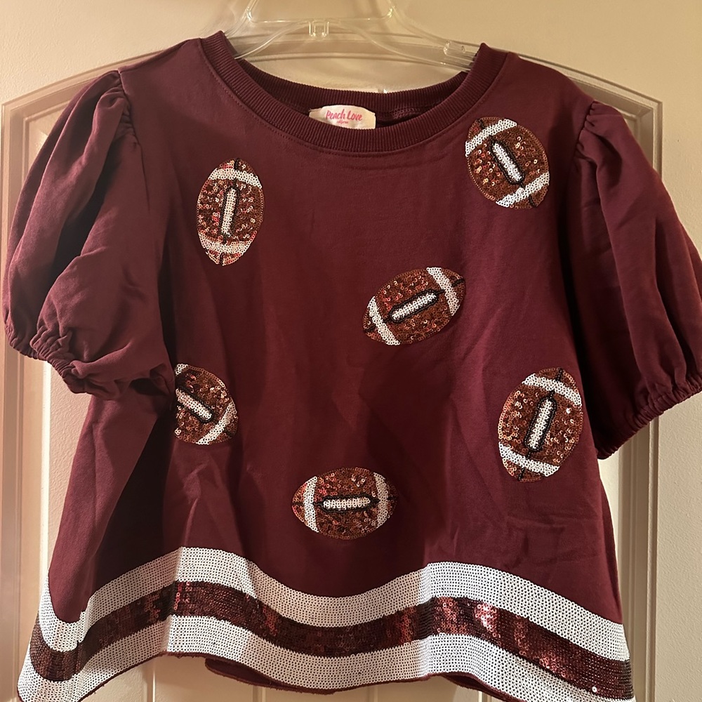 - Boutique Peach Love sequin football shirt maroon and white EUC worn once